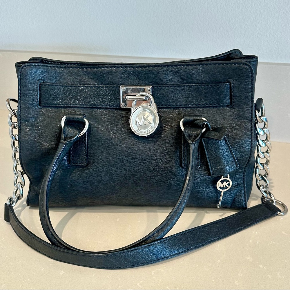 Michael Kors Hamilton Lock & Key Black Leather Handbag Satchel